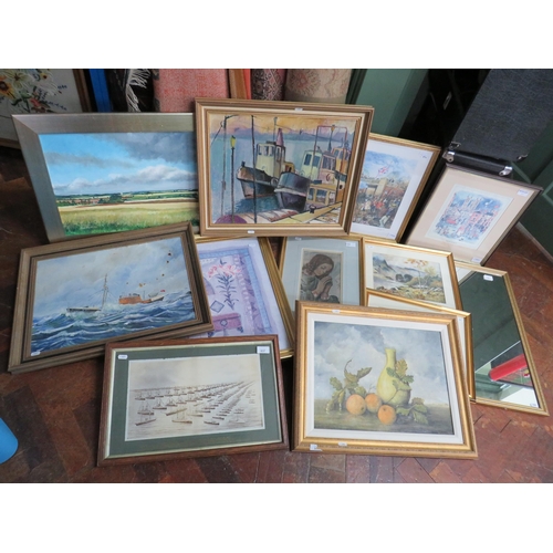 2108 - Large selection of framed oil painting, watercolours and prints.