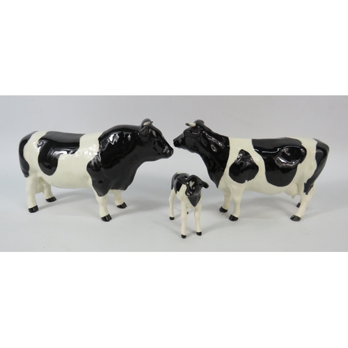 18 - Beswick Friesian Cow figurines Champion Coddington Hilt Bar, Claybury Leegwater and calf.