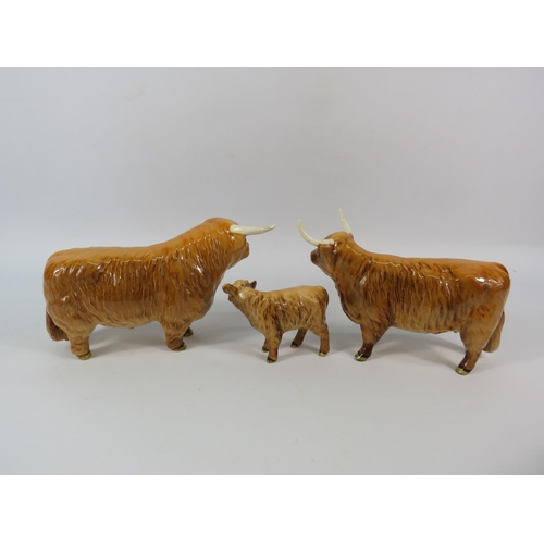 20 - Beswick Highland Cattle Bull, Cow and Calf. ( the cow has had a repair to one horn see pics)