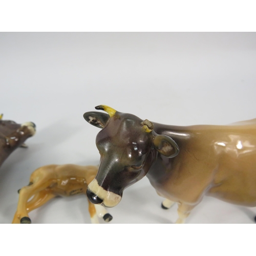 21 - Beswick Jersey Cow figurines Dunsley Coy Boy, Newton Tinkle and calf. (cow missing a horn see pics)