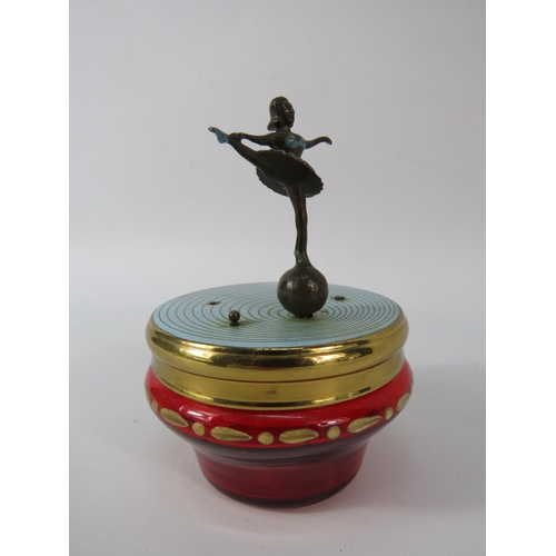 3 - Vintage Czechoslovakian Musical Rouge pot with cold painted Bronze Ballerina dancer to the lid,  in ... 