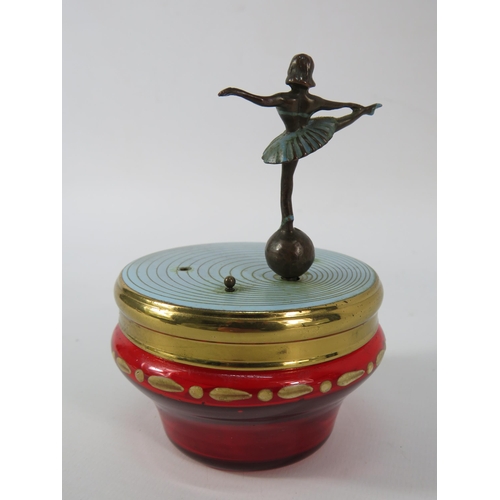 3 - Vintage Czechoslovakian Musical Rouge pot with cold painted Bronze Ballerina dancer to the lid,  in ... 