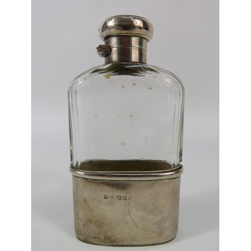 35 - Mappin and Webb London 1923 Glass hip flask with sterling silver detachable base and tortoise shell ... 