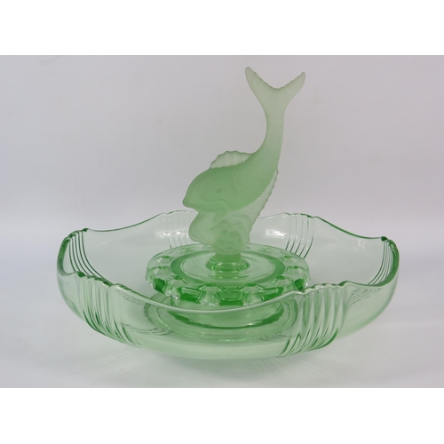 42 - Art deco Josef Inwald Uranium green glass centre piece bowl with figural fish, 11.5