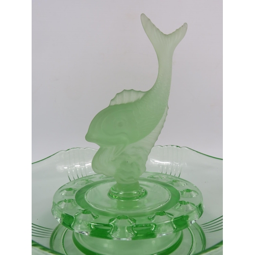 42 - Art deco Josef Inwald Uranium green glass centre piece bowl with figural fish, 11.5