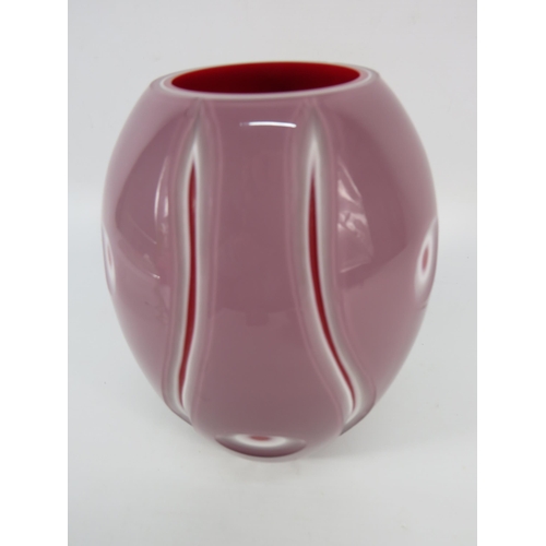 53 - Art glass vase mauve & white cut to red, strips and dots pattern, 8