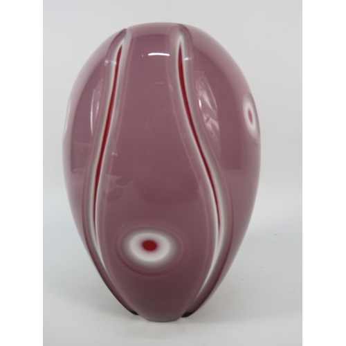 53 - Art glass vase mauve & white cut to red, strips and dots pattern, 8