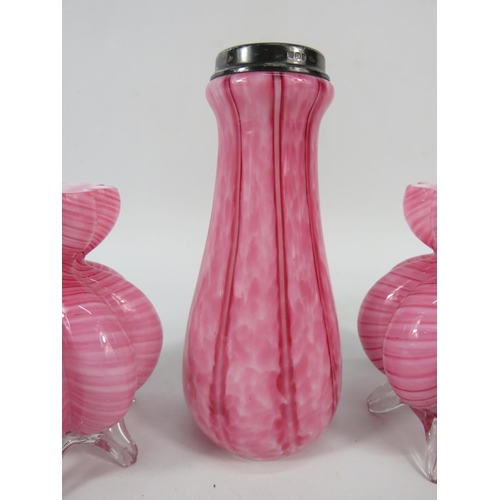 56 - Pair of Antique Stourbridge pink art glass vases plus one other with a silver collar dated 1927. The... 