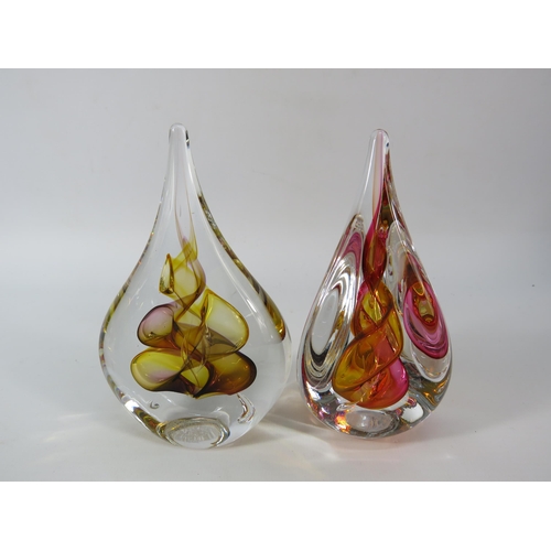 8 - Two tear drop shaped art glass paper weights, both have makers intials etched to the base. The talle... 