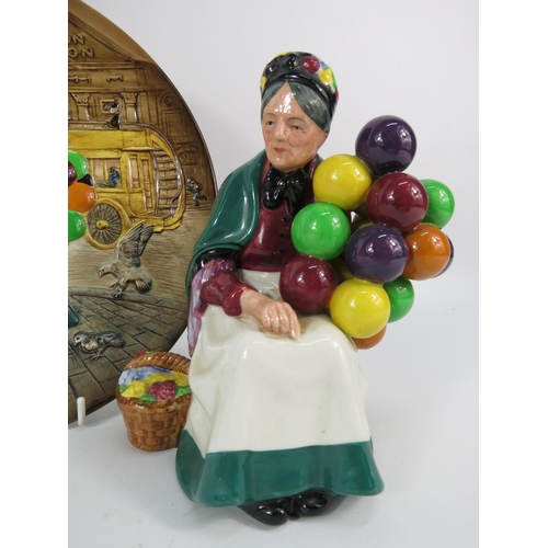 65 - Royal Doulton The Old Balloon Seller figurine plus the matching plate which is signed by Micheal Dou... 