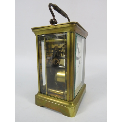 69 - Early 20th Century French 8 day brass skeleton carriage clock, in running order with key. 5 1/4