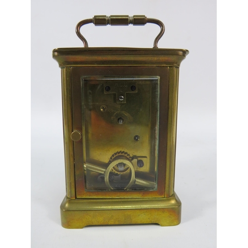 69 - Early 20th Century French 8 day brass skeleton carriage clock, in running order with key. 5 1/4