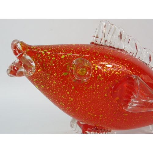 72 - Large Murano red art glass fish with gold inclusions, 15