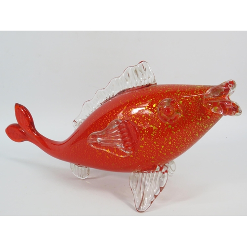 72 - Large Murano red art glass fish with gold inclusions, 15