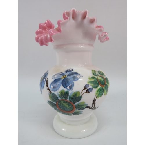 73 - Antique Opaline milk glass vase hand painted with flowers, Manganese glass.