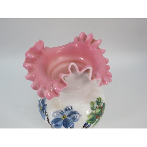 73 - Antique Opaline milk glass vase hand painted with flowers, Manganese glass.