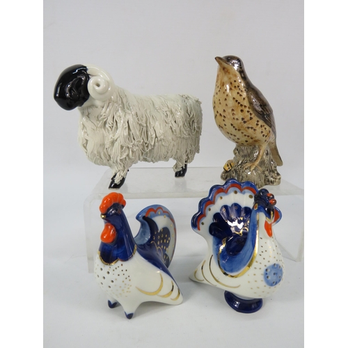 77 - Lomonosov Cruets in the form of a Turkey and Chicken, Spaghetti pottery sheep and a Quail Thrush bir... 