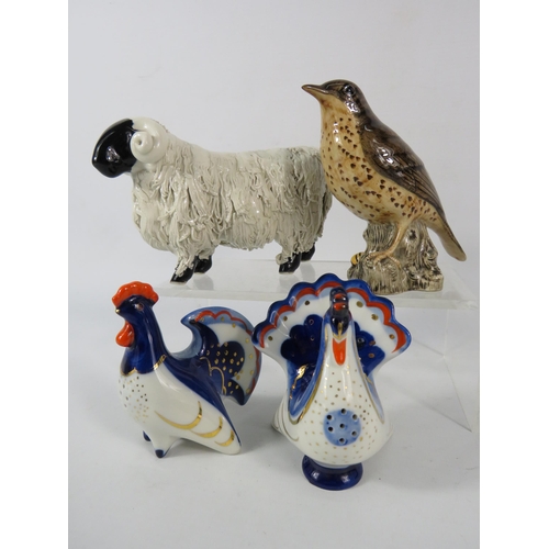 77 - Lomonosov Cruets in the form of a Turkey and Chicken, Spaghetti pottery sheep and a Quail Thrush bir... 