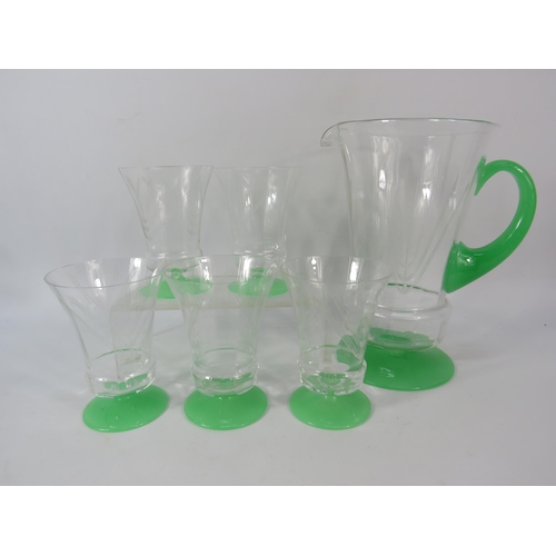 85 - Art deco uranium glass lemonade set, Jug and five glasses.