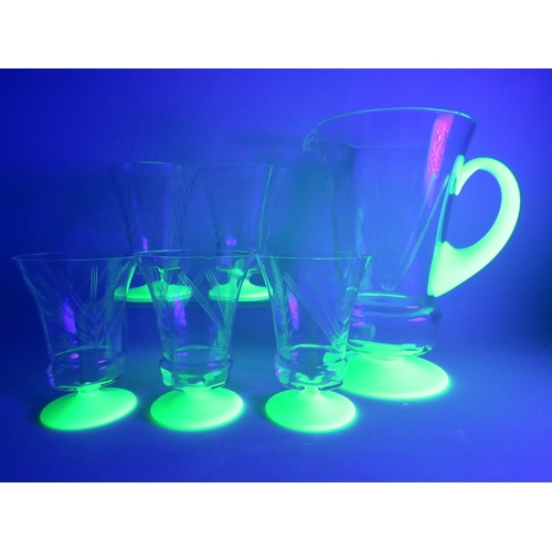 85 - Art deco uranium glass lemonade set, Jug and five glasses.