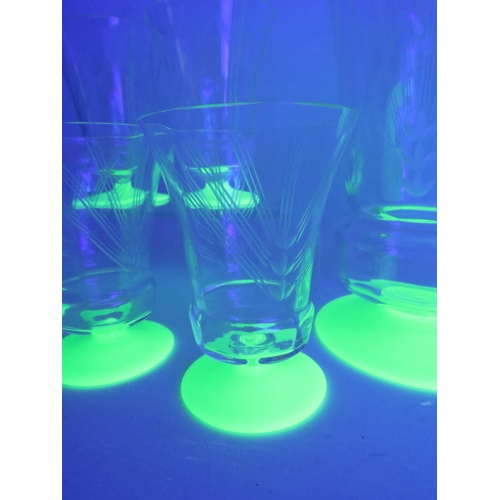 85 - Art deco uranium glass lemonade set, Jug and five glasses.