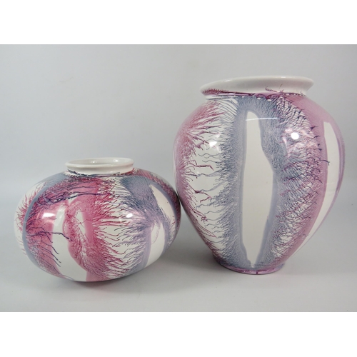 86 - Two West German 70s ceramic vases with blown paint decoration, the tallest stands 8