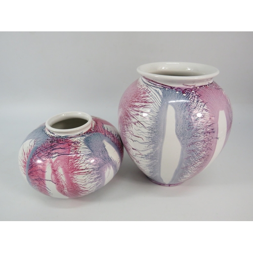 86 - Two West German 70s ceramic vases with blown paint decoration, the tallest stands 8