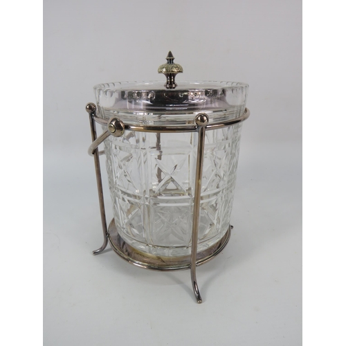 88 - Vintage crystal glass biscuit barrel with silver plated stand and lid, 8