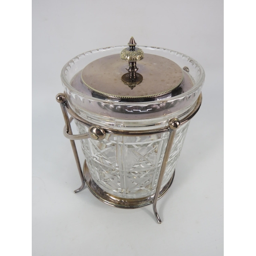 88 - Vintage crystal glass biscuit barrel with silver plated stand and lid, 8