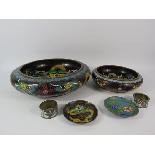 94 - Selection of Chinese Cloisonne bowl, pin dishes and napkin rings, the largest bowl measures 12