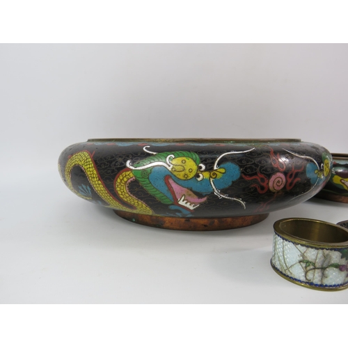 94 - Selection of Chinese Cloisonne bowl, pin dishes and napkin rings, the largest bowl measures 12