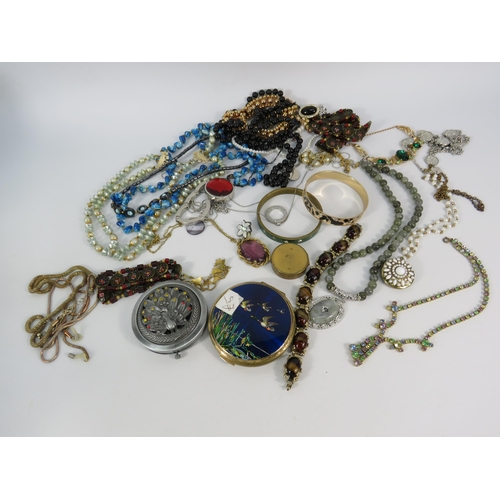 127 - Selection of vintage costume jewellery and compacts.