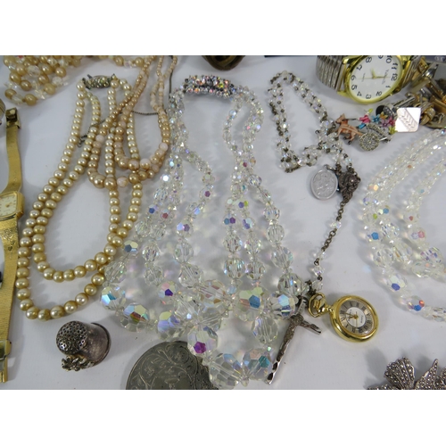 131 - Mixed lot of Costume Jewellery, Coins and Watches including Aurora Borealis necklaces & a Sterling s... 