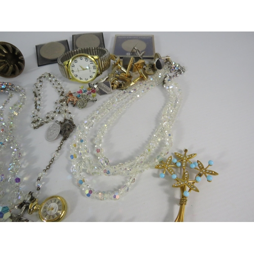 131 - Mixed lot of Costume Jewellery, Coins and Watches including Aurora Borealis necklaces & a Sterling s... 