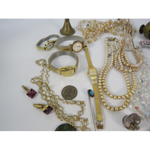 131 - Mixed lot of Costume Jewellery, Coins and Watches including Aurora Borealis necklaces & a Sterling s... 