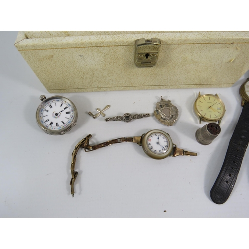 132 - Jewellery box and contents including sterling silver fob & Charles Horner Thimble, wristwatches incl... 