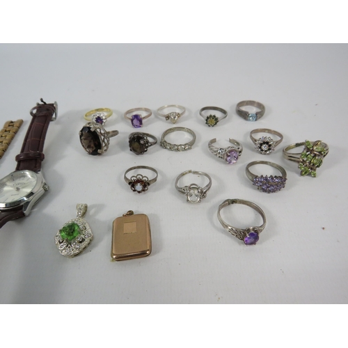 134 - Fourteen 925 silver rings set with various stones, a 9ct back and front locket and three ladies wris... 