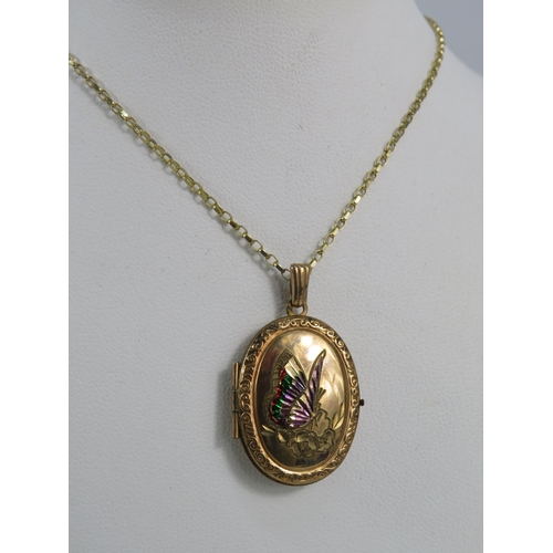 143 - 9ct Gold Locket decorated with a coloured butterfly on a 46cm 9ct belcher chain, 5.5 grams (locket 2... 