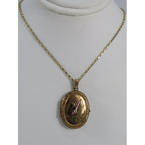 143 - 9ct Gold Locket decorated with a coloured butterfly on a 46cm 9ct belcher chain, 5.5 grams (locket 2... 