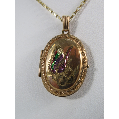 143 - 9ct Gold Locket decorated with a coloured butterfly on a 46cm 9ct belcher chain, 5.5 grams (locket 2... 