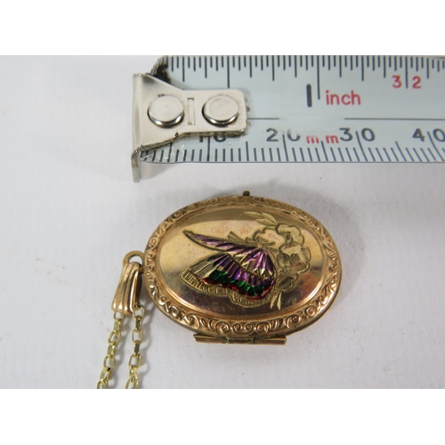 143 - 9ct Gold Locket decorated with a coloured butterfly on a 46cm 9ct belcher chain, 5.5 grams (locket 2... 