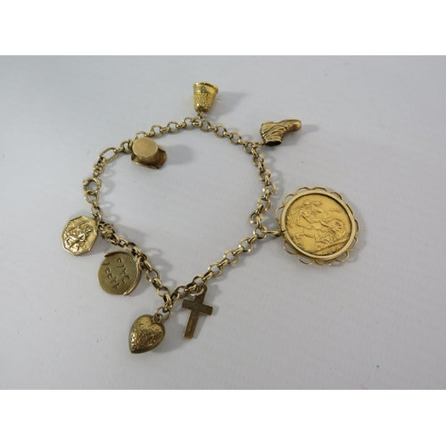 170 - 9ct gold charm bracelet with Seven charms and a 1915 mounted full sovereign. 9.2 grams of 9ct and 8 ... 