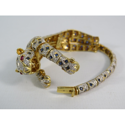 171 - 18ct gold articulating panther bracelet / brooch set with 1.34 cts of Diamonds, 4.84cts of Sapphires... 