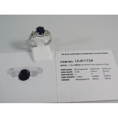 174 - 9ct White Gold Sapphire and Diamond ring, with certificate, finger size 