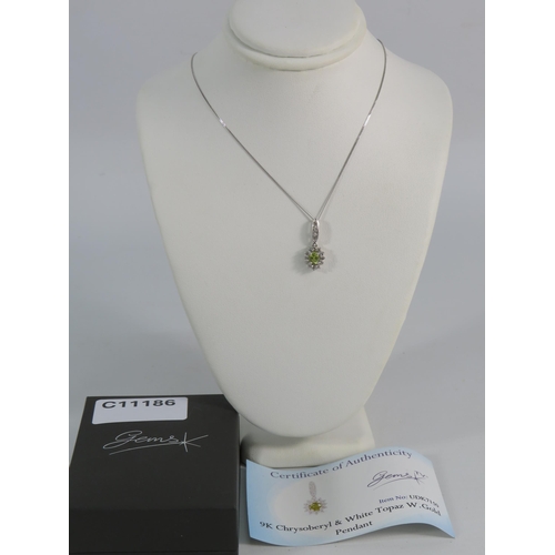 176 - 9ct White gold Chrysoberyl and White Topaz Pendant on a 9ct gold trace chain, 2.1 grams.