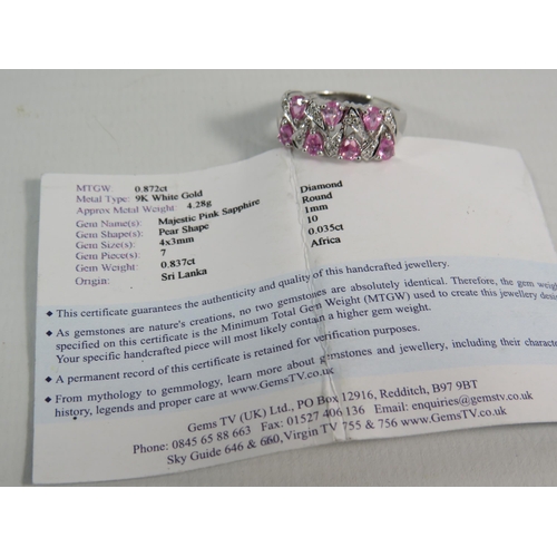 178 - 9ct White Gold Pink Sapphire and Diamond ring with certificate, finger size 