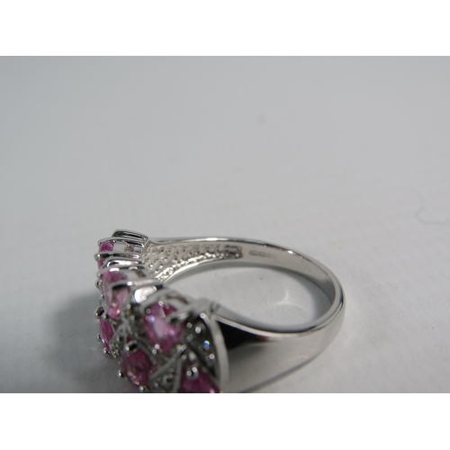 178 - 9ct White Gold Pink Sapphire and Diamond ring with certificate, finger size 