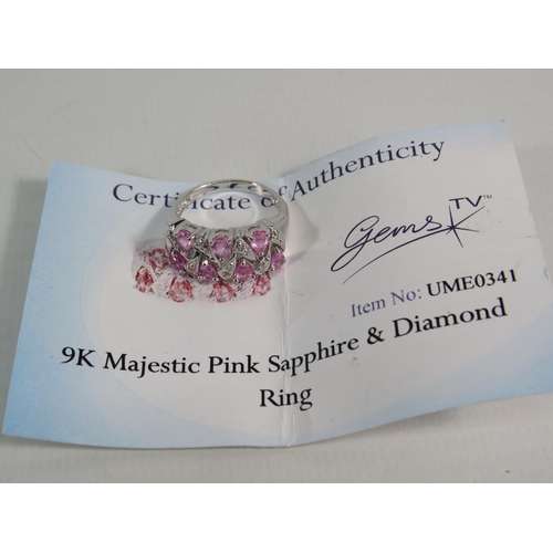 178 - 9ct White Gold Pink Sapphire and Diamond ring with certificate, finger size 