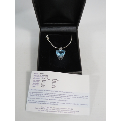 181 - 9ct White Gold Sky Blue Topaz Pendant on a 925 sterling silver chain.