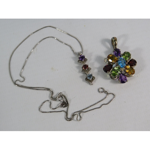 183 - Two 925 Sterling silver Multi gem set pendants plus a silver trace chain.